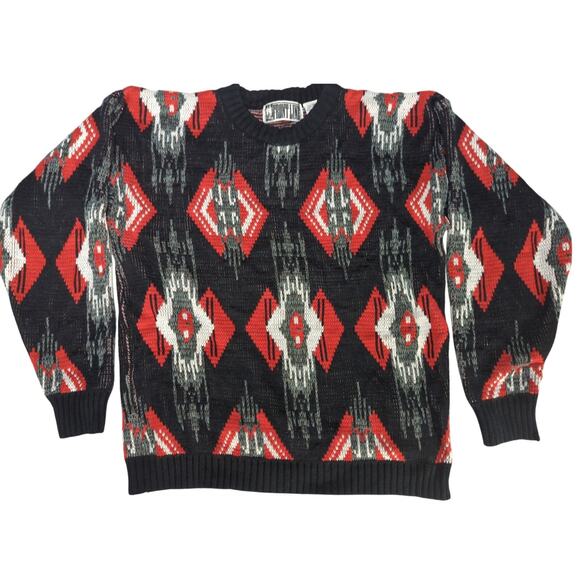 VTG Front Line Sweater Aztec Geometric Knit Black Red Made Hong Kong XL - Picture 1 of 11